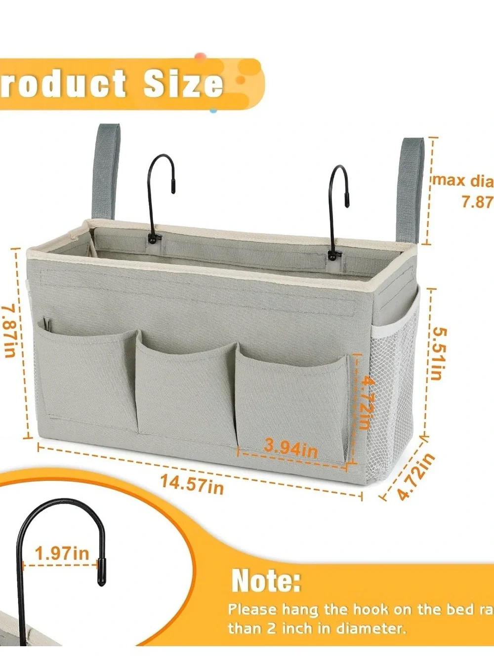 Over-the-Bed Hanging Bedside Organizer - Light Gray